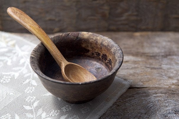 Empty cup and spoon on wooden background